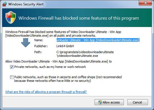 Important: When you first start VDU a Windows alert appears. It is crucial that you allow the access. Only in this way VDU can recognize videos played in the browser and offer them to download.
