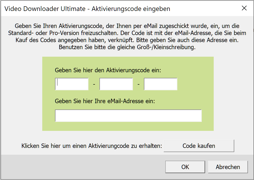 Aktivierungsdialog in Video Downloader Ultimate