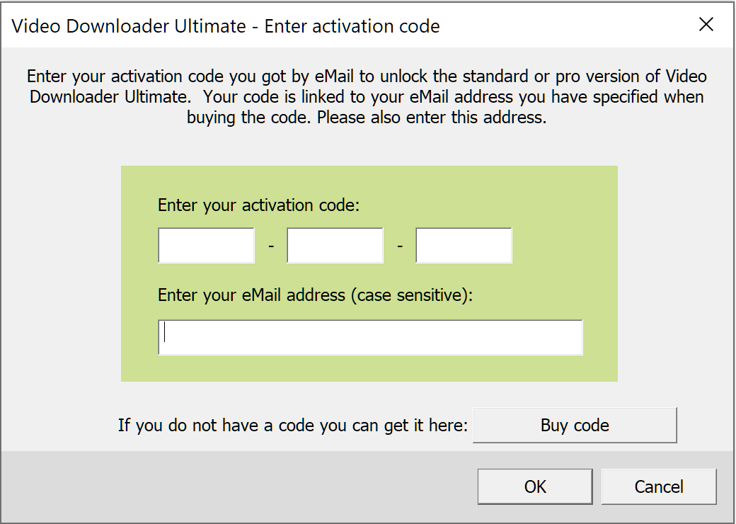 Activation dialog in Video Downloader Ultimate
