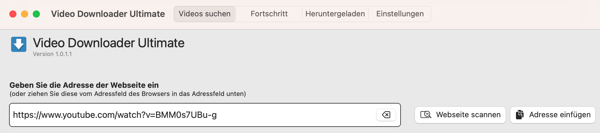 Hauptdialog mit Suche, Fortschritt, Downloads und Einstellungen unter macOS
