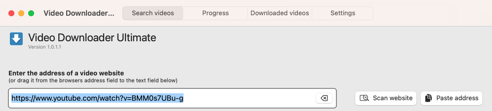 Main dialog with search, progress, downloaded and settings tabs on macOS