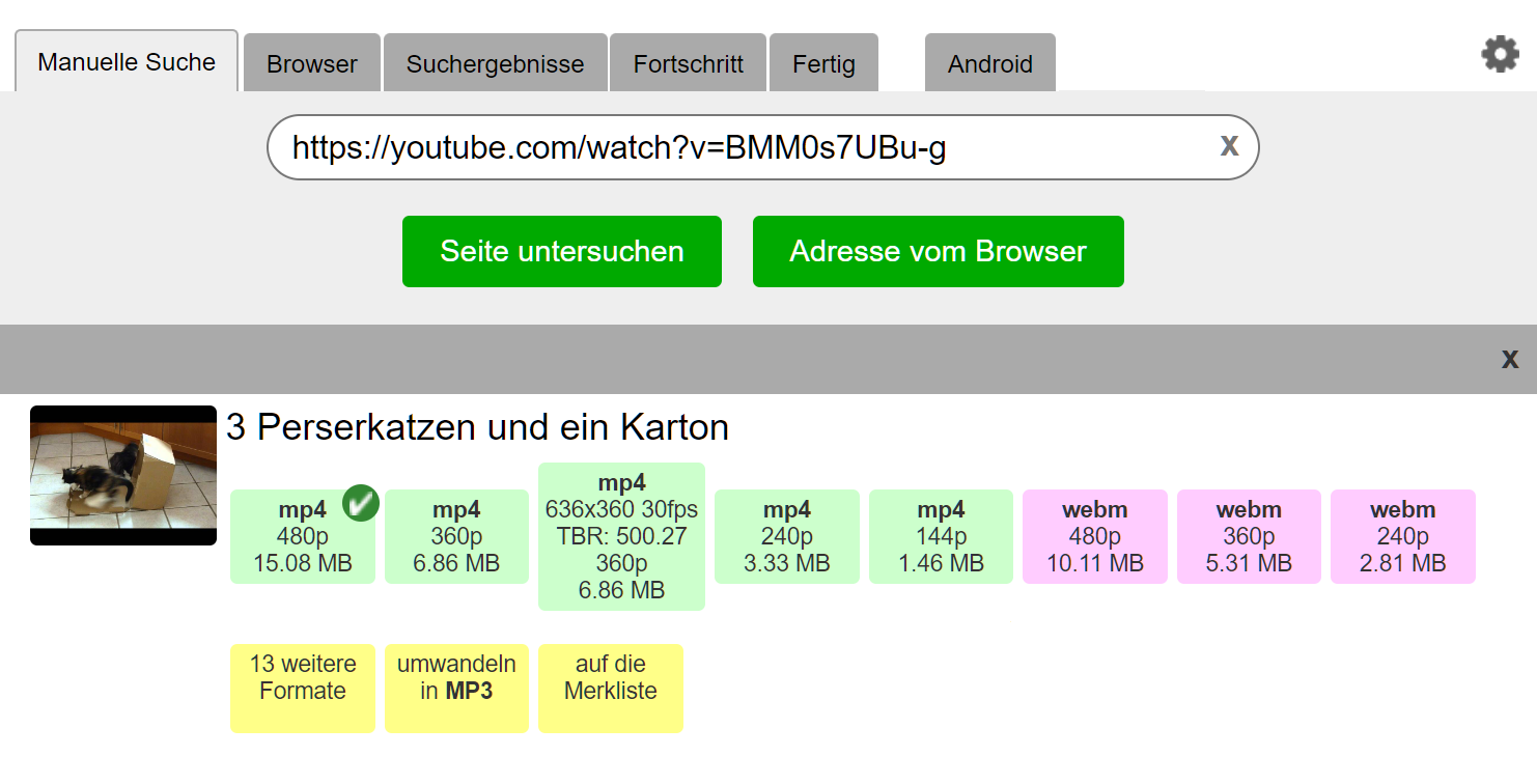 Manuelle Suche mit Video-Ergebnissen und Formaten