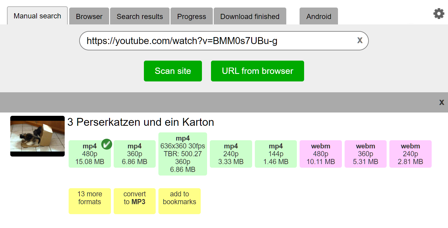Manual search results and download formats