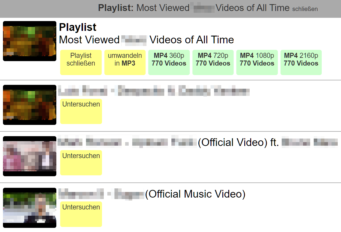 Übersicht der enthaltenen Playlist-Videos
